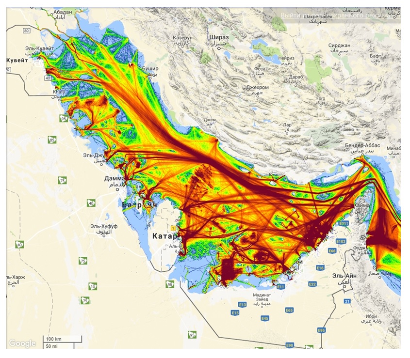 Density map of ship traffic in the Persian Gulf in 2016