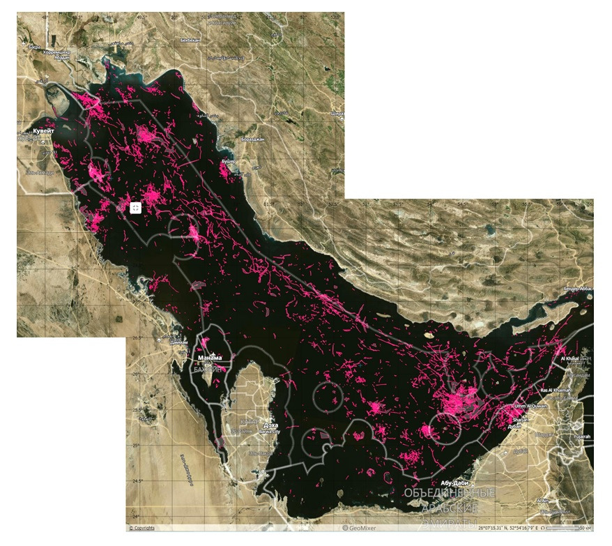 Summary map of all oil spills detected in the Persian Gulf in 2017 